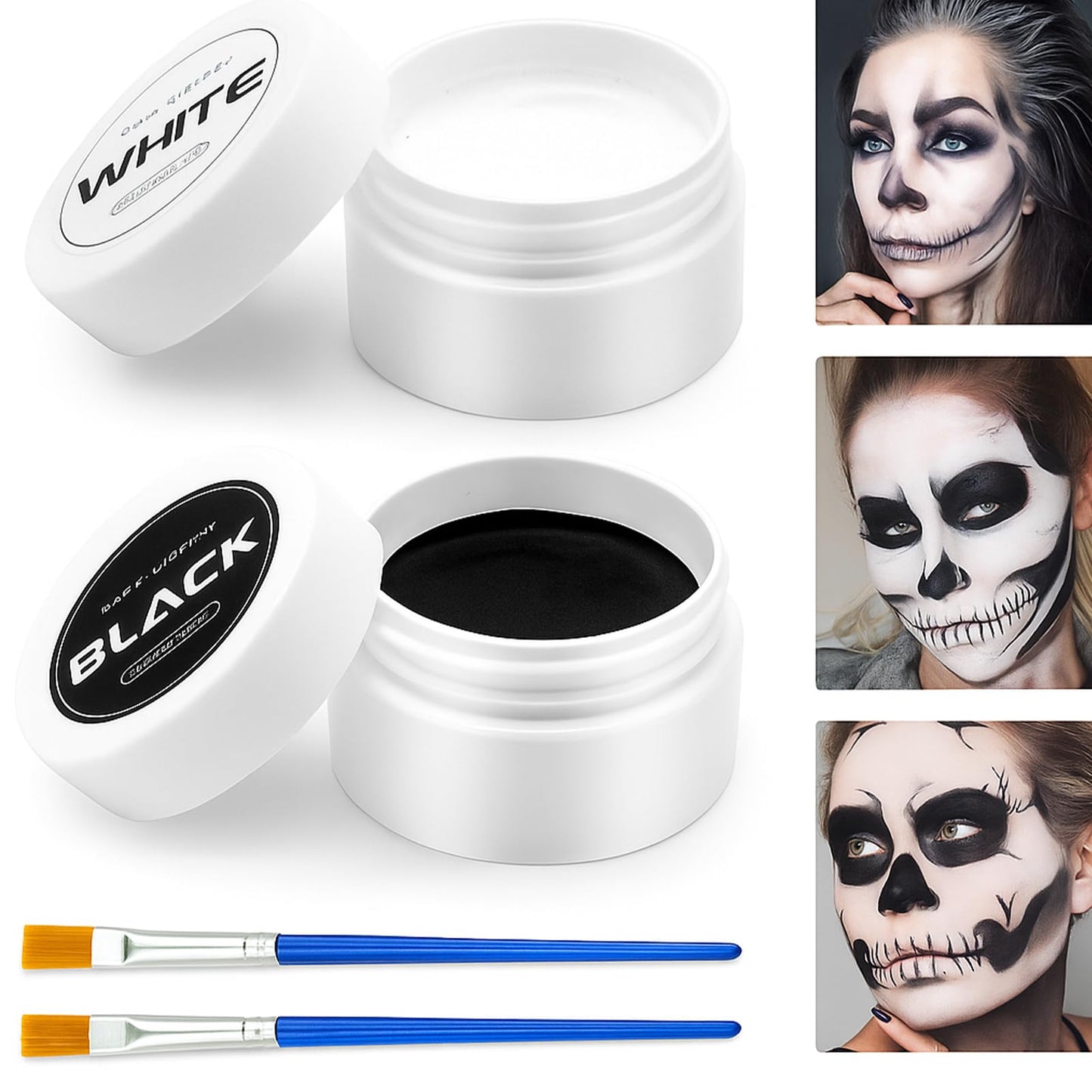 Halloween Cosplay SFX Makeup Black + White Face Body Paint – Black + White Face Body Paint Set for Adults, Non Toxic White Face Paint Kit, Full Coverage, Easy to Apply & Washable