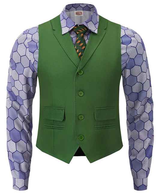 Mainfini Mens Joker Costumes Halloween Theme Party Funny Classic Dark Horror Knight Movie Cosplay Regular Fit Novelty Purper Graphic Shirt Green wasitcoat Tie Suit Outfit Adult 3 Piece Set M