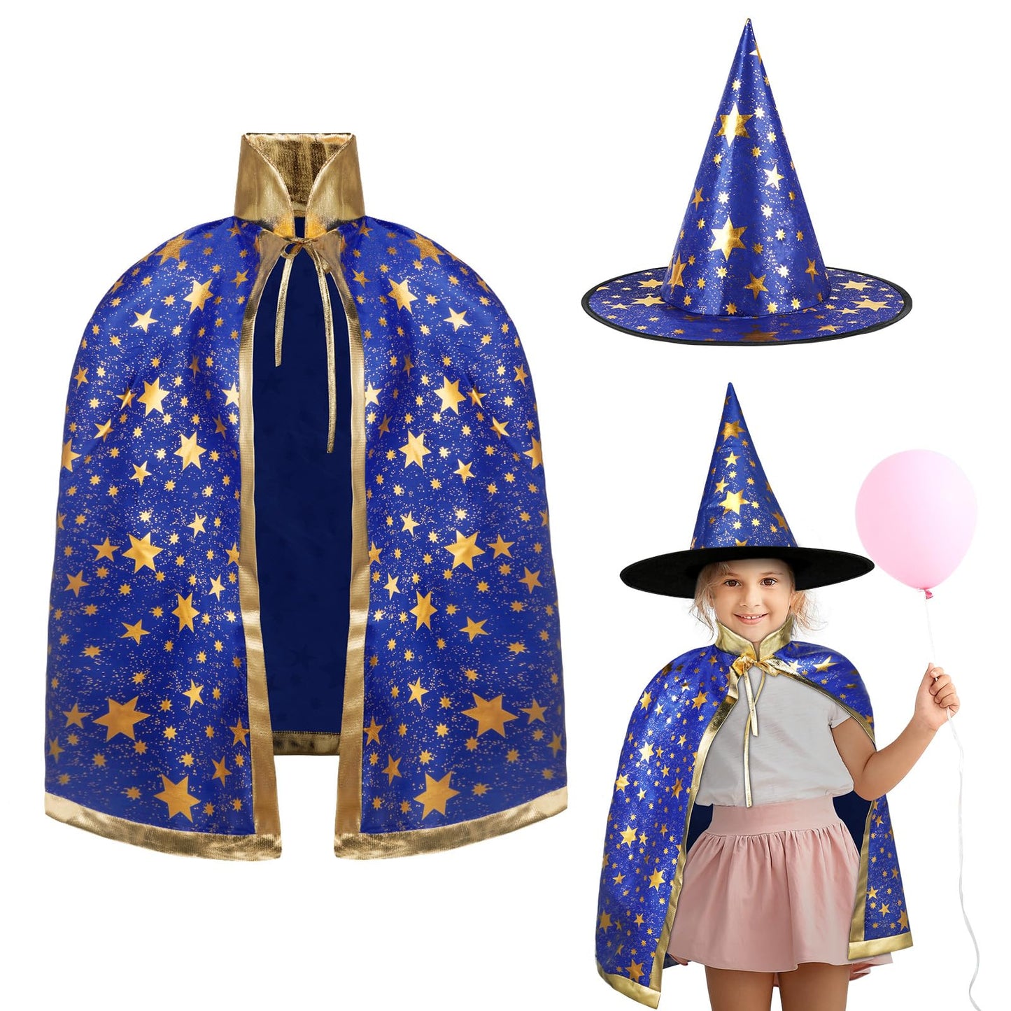 AYBUY Wizard Cape Witch Cloak Kids, Witch Costume Cloak and Hats for Kids, Halloween Costume Props Costume with Golden Stars Pattern for Children, Girls Halloween Party Cosplay Costumes (Blue)