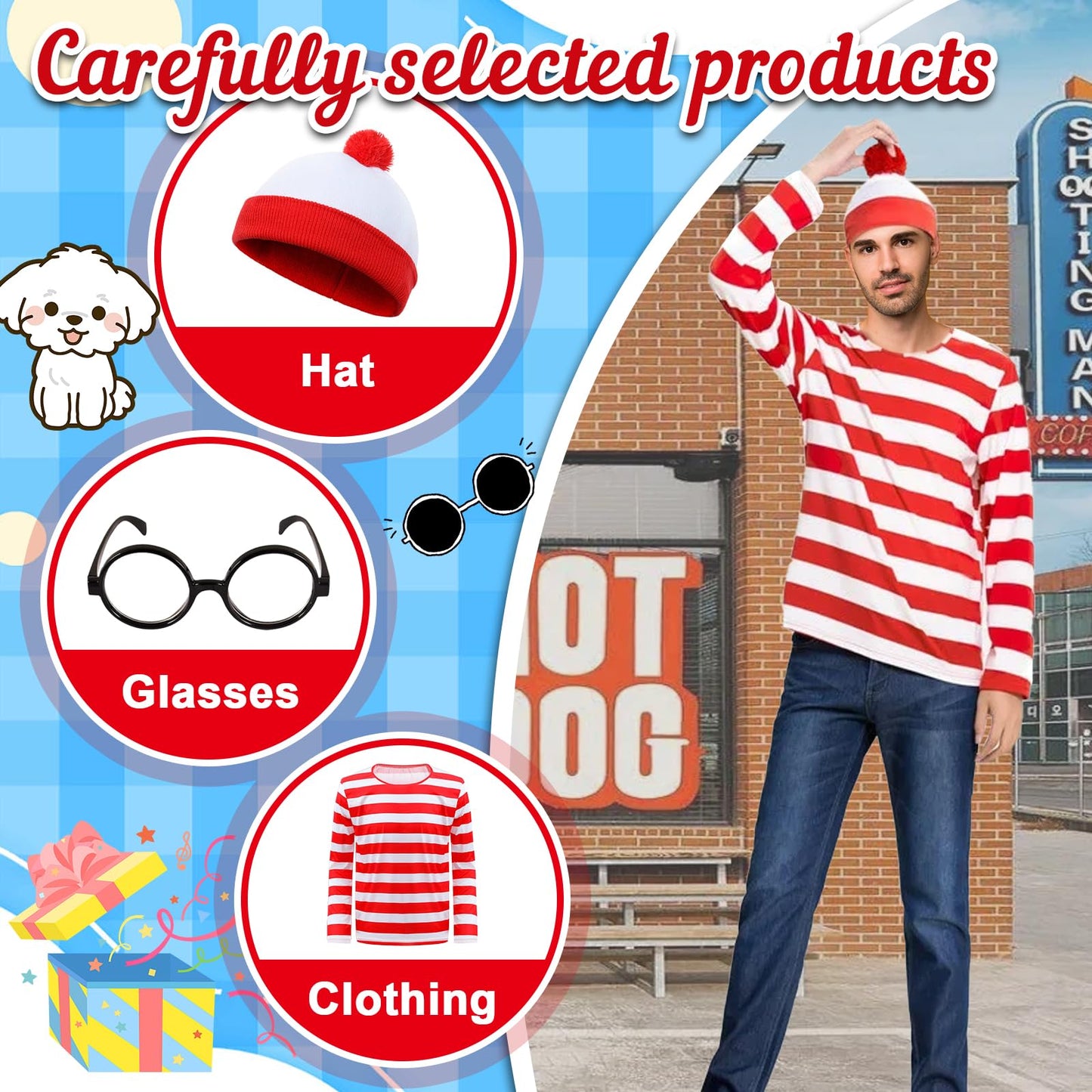 3PCS Men's Wally Costume Set,Cosplay Accessories Set with Red&White Stripe Long Sleeve Top Bobble Hat Black Nerd Glasses,90s Fancy Dress Costume for World Book Day Halloween Dress Up Day (Men, M)