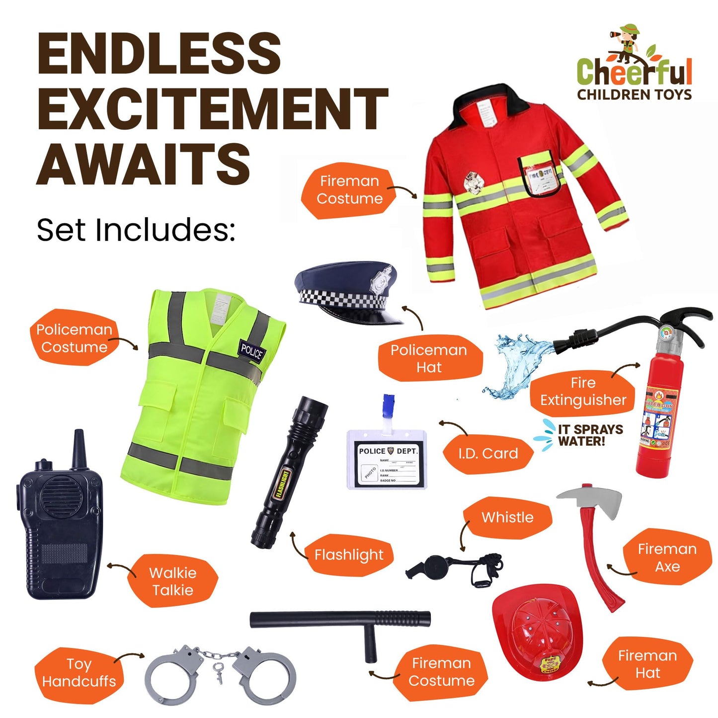 Kids Police and Fireman Costume, Dress Up Set with Fire Fighter and Police Costume with Squirting Water Fire Extinguisher & Siren Sound Walkie Talkie, Fancy Dress for Kids & Toddlers Ages 3-7
