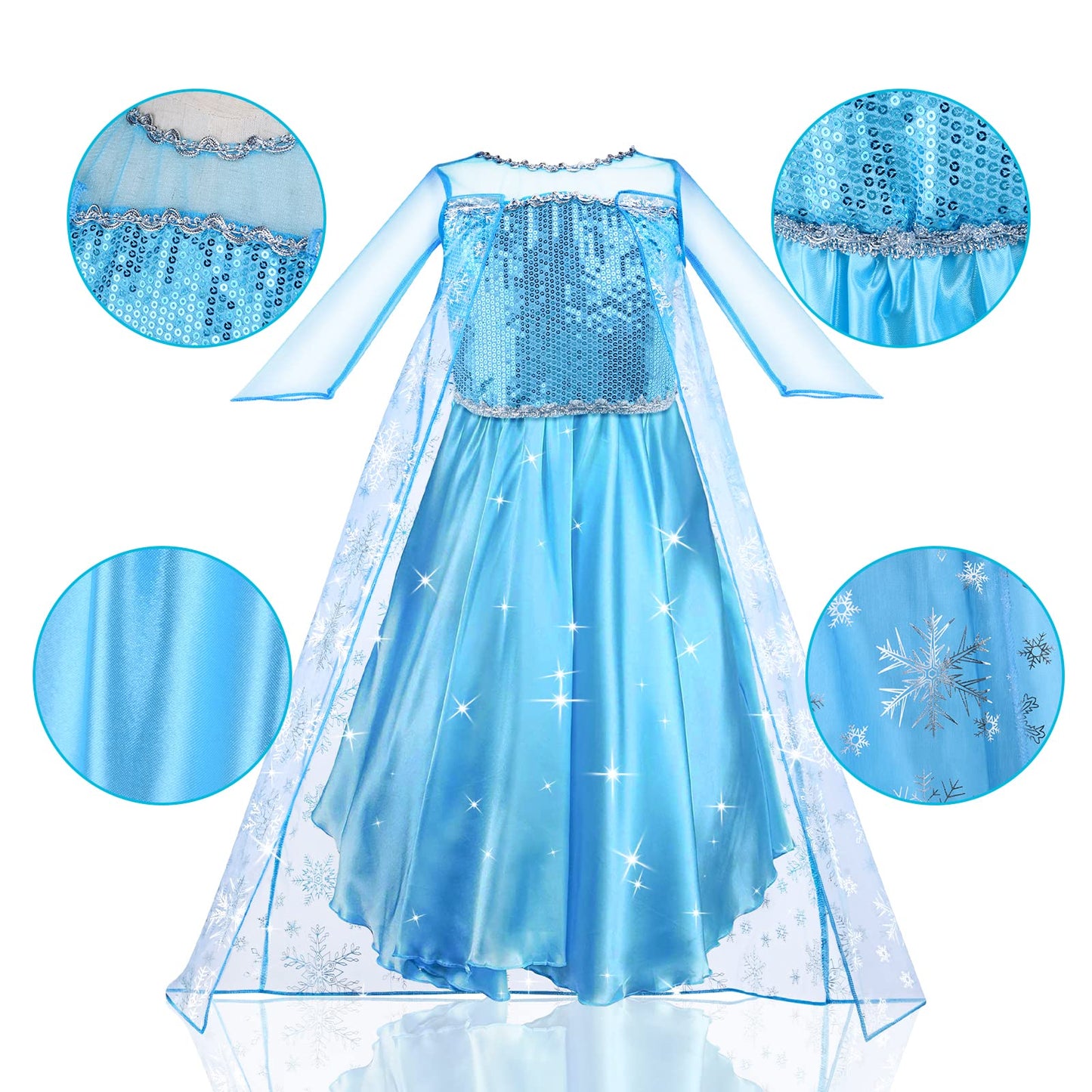 URAQT Princess Costumes for Girls, Snow Queen Princess Dress up, Ice Snow Princess Costume with Fairy Wand and Crown Tiara, Deluxe Girls Fancy Dress for Party Cosplay Bridesmaid Pageant(130)