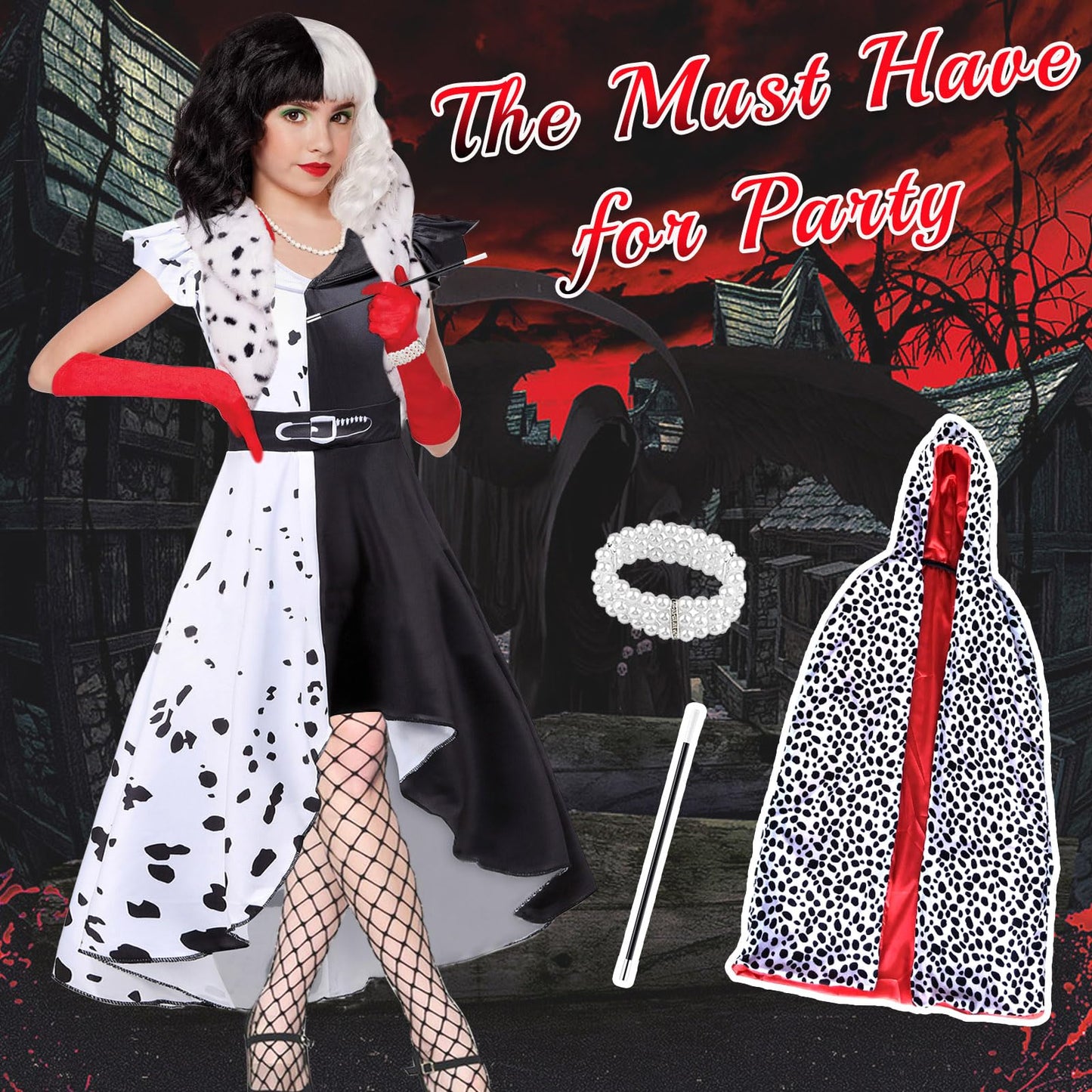 UxClishe 7 Pcs Cruella Costume Accessories Set, Cruella Fancy Dress Kit with Cape Gloves Wig for World Book Day