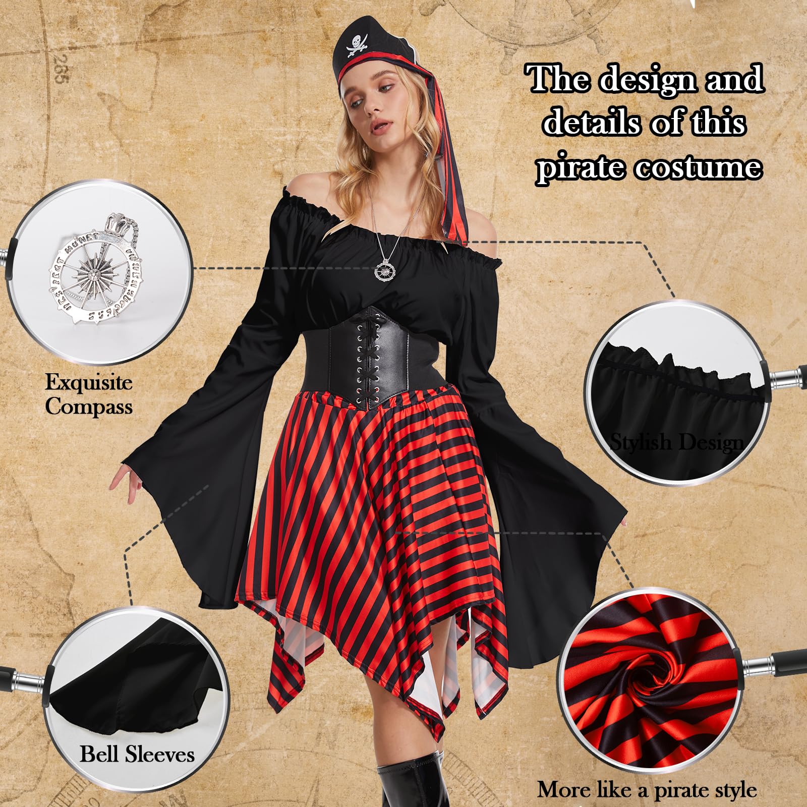 Pirate Costume for Adult Women with Waist Belt - Headscarf - Eye (image 2)