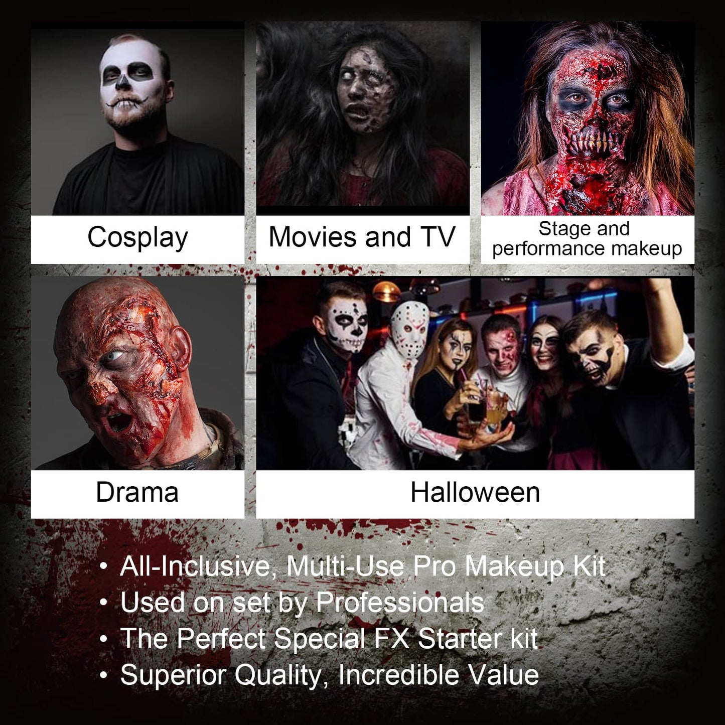 immetee SFX Makeup Kit, Halloween Special Effect Face Body Paint Stage Makeup, Face Paint Palette+3 Scar Wax+1 Fake Blood+4 Paint Brushes+1 Paint Spatula+1 Face Paint Sponge+1 Paint Palette.