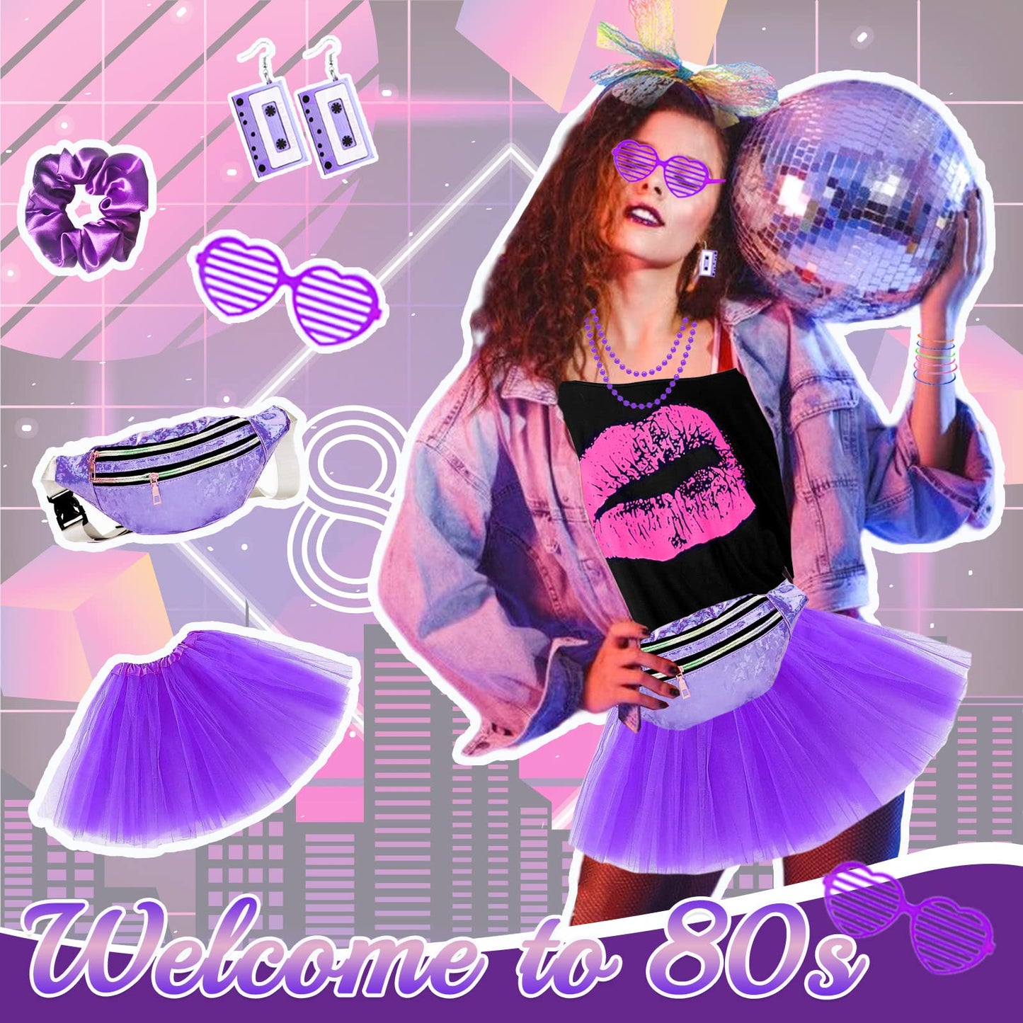 80s Costume Outfits Accessories Set for Women, 1980s Fancy Dress Party Kits with T-shirt Tutu Bumbag Headband Earring Necklace Fishnet Gloves Leg Warmers Glasses Bracelet Scrunchies for Women Dress up