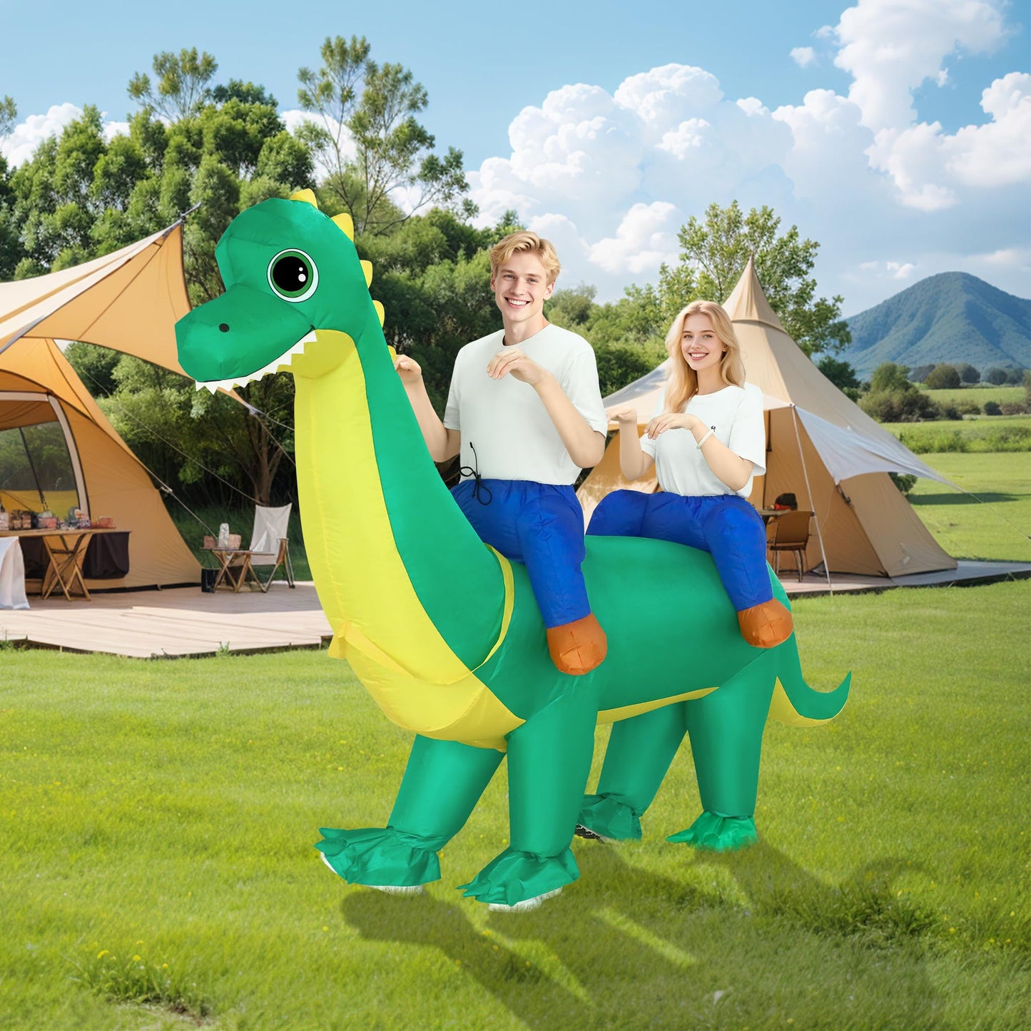 Poptrend Couple Inflatable Dinosaur Costume for Adult Blow Up Costumes 2 Person Halloween Funny Ride On Brachiosaurus Costumes for Men Women Funny Fancy Dress Party