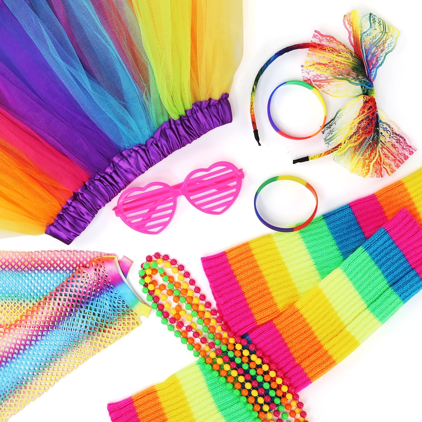 Ballery 80s Fancy Dress for Kids Girls, 1980s Retro Costume Outfits Accessories Set Includes Tutu Skirt Necklace Leg Warmers Gloves Earrings Lace Headband Glasses Bracelets Hair Ties