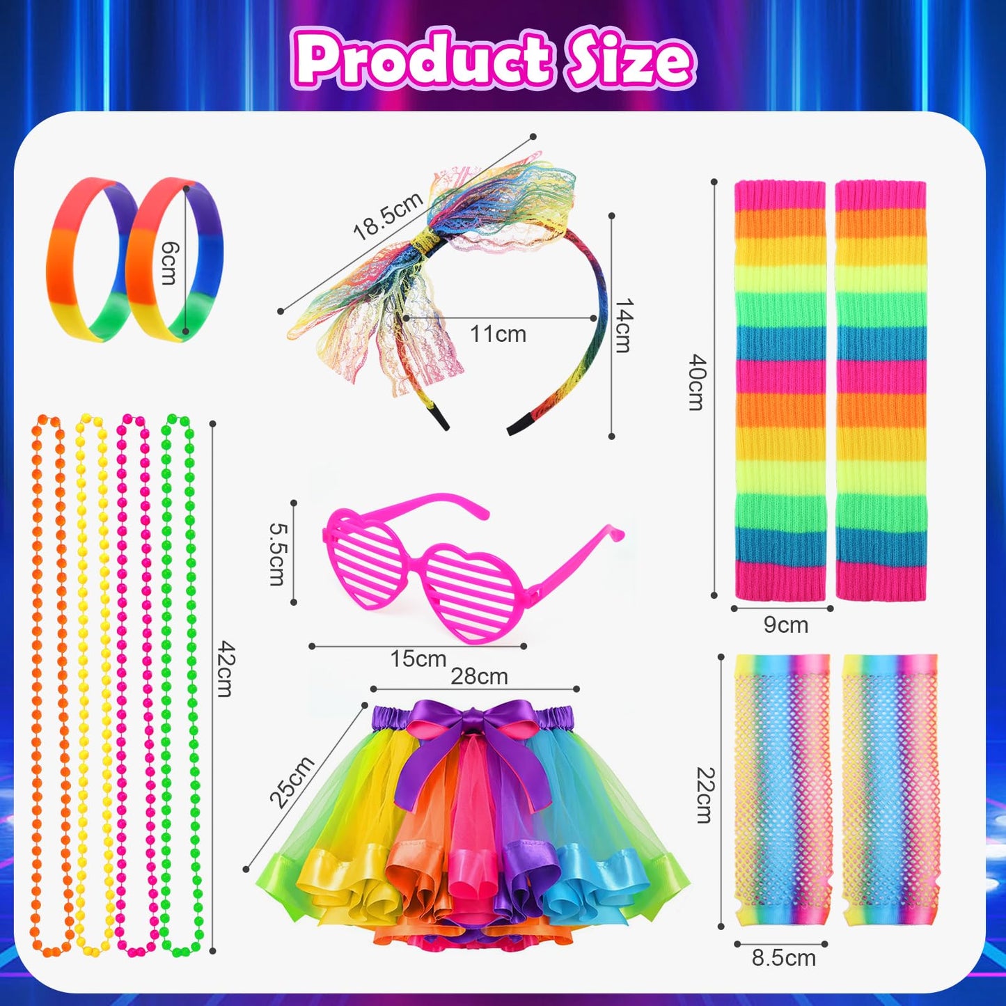 Ballery 80s Fancy Dress for Kids Girls, 1980s Retro Costume Outfits Accessories Set Includes Tutu Skirt Necklace Leg Warmers Gloves Earrings Lace Headband Glasses Bracelets Hair Ties