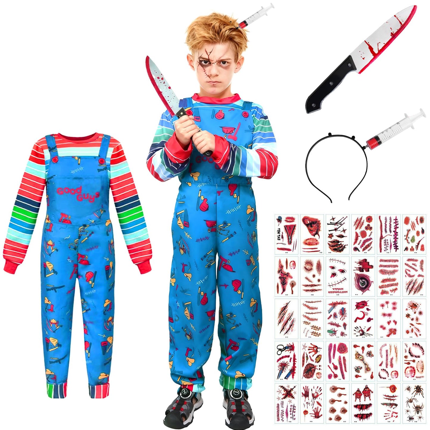 viallolipa Halloween Costume Kids, Creepy Doll Costume for Boys Girls, Killer Doll Movie Character Costume with Simulated Knife Hair Band Tattoo Sticker Props for Cosplay