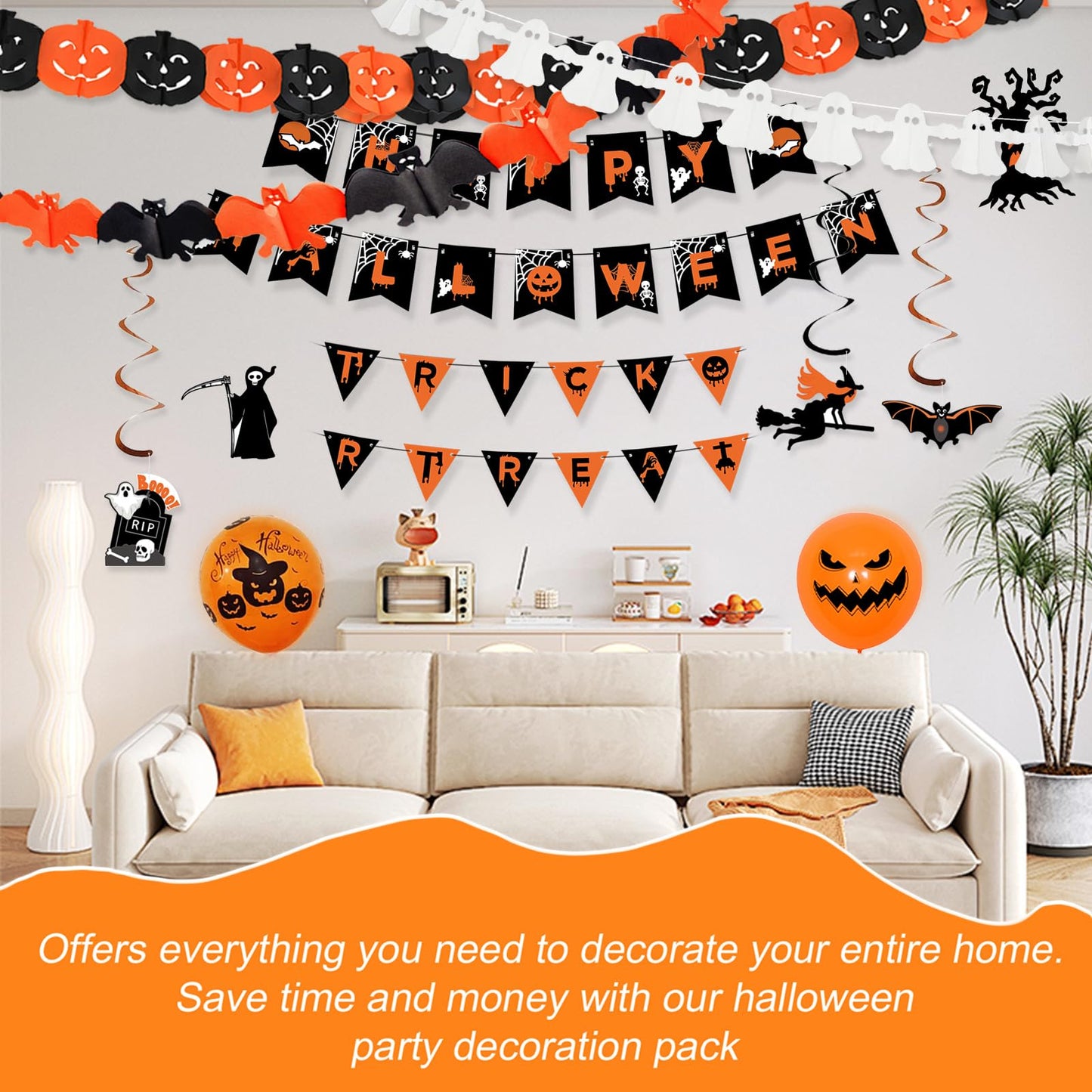 AMLOOPH Halloween Decorations Reusable Indoor Set - Happy Halloween Banner, Hanging Pumpkin, Bat, Ghosts Bunting Garland, Trick or Treat Sign and Spooky Hanging for Party Decorations