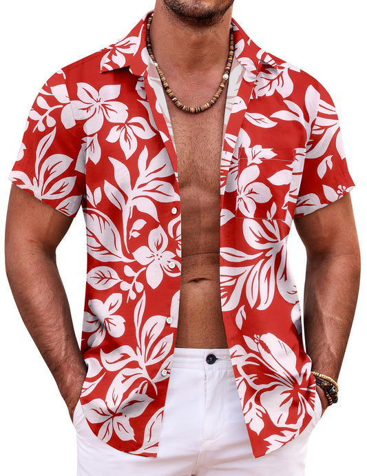 Hawaiian shirt with red and white flower tropical print