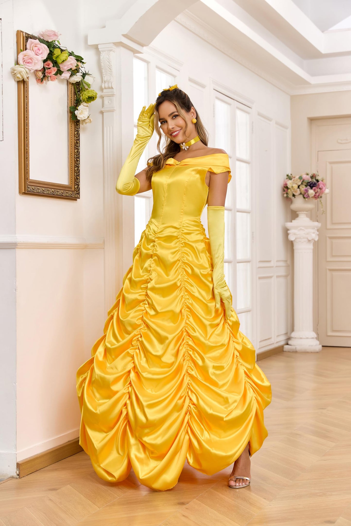 Princess Belle Costume Women Beauty Fairytale Long Dress Gown Off (image 3)