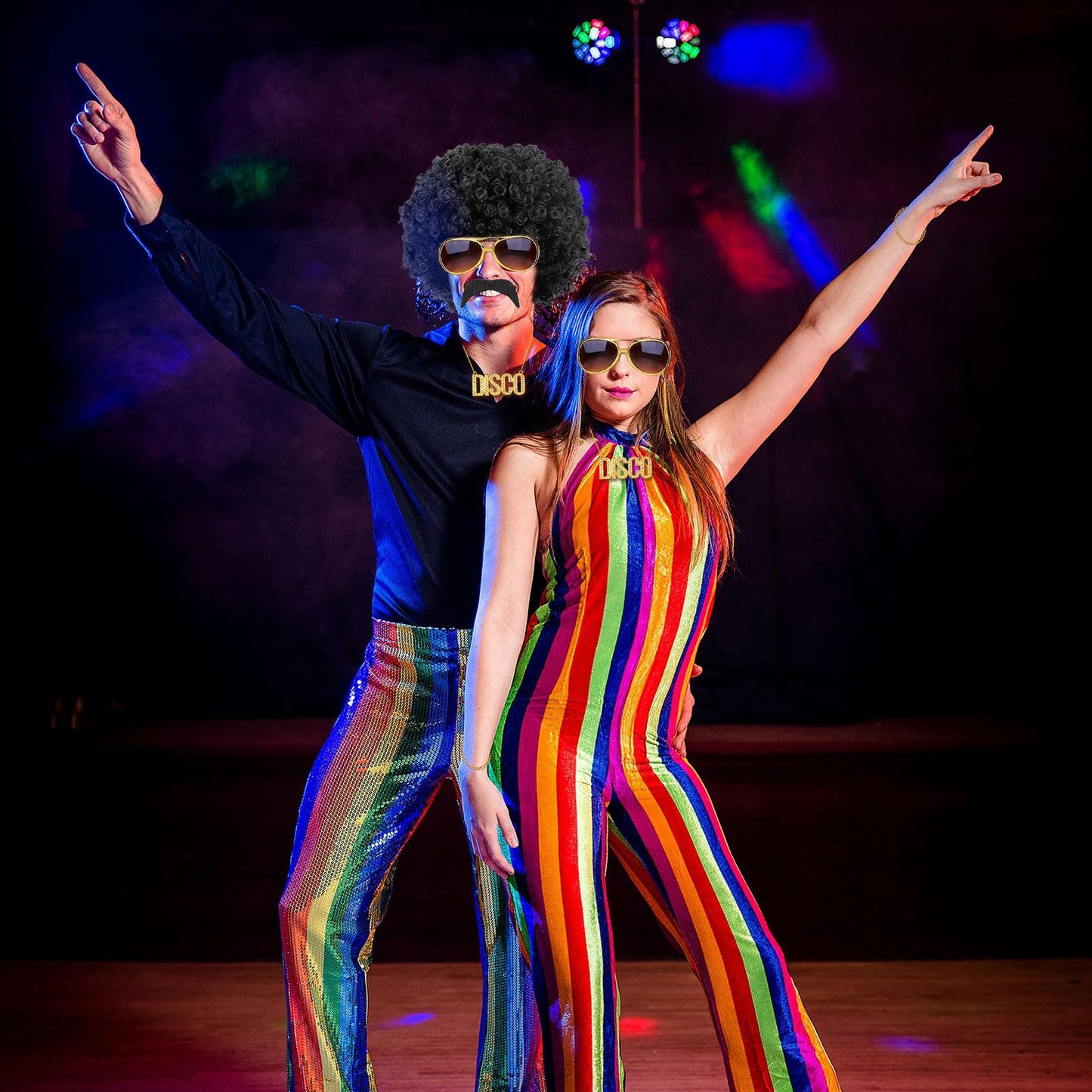 VIKSAUN 5 Pcs Disco Hippie Costume, Funky Afro Wig, Hippie Wig, Hippy Fancy Dress Men, HIppie Accessories, for 60s 70s 80s Fancy Dress Costume Disco Themed Party (5 Pcs)