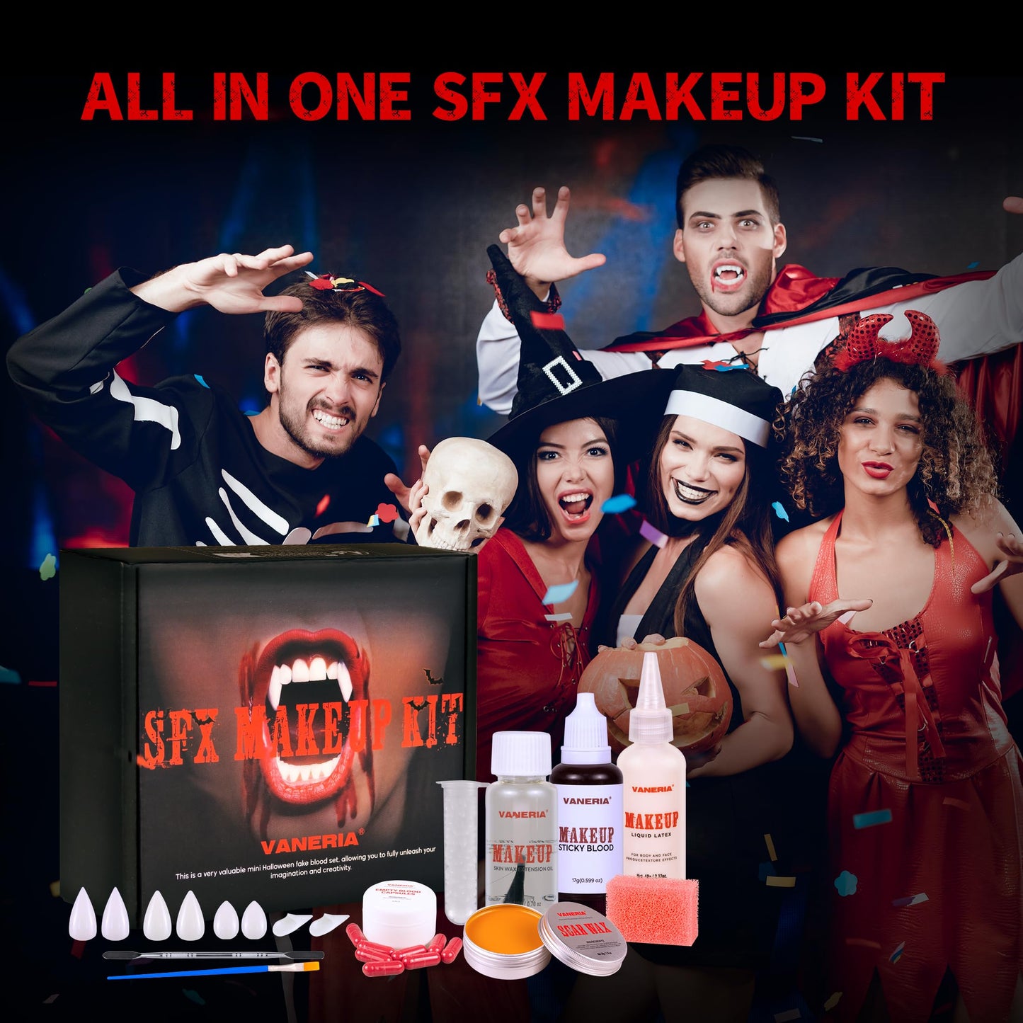 VANERIA Halloween Vampire Make Up Kit SFX Makeup Kit 4 Pairs Vampire Teeth, Scar Wax and Spatula, Fake Blood Capsules,Sponges,Liquid Latex Special Effect Makeup Kit Professional ﻿