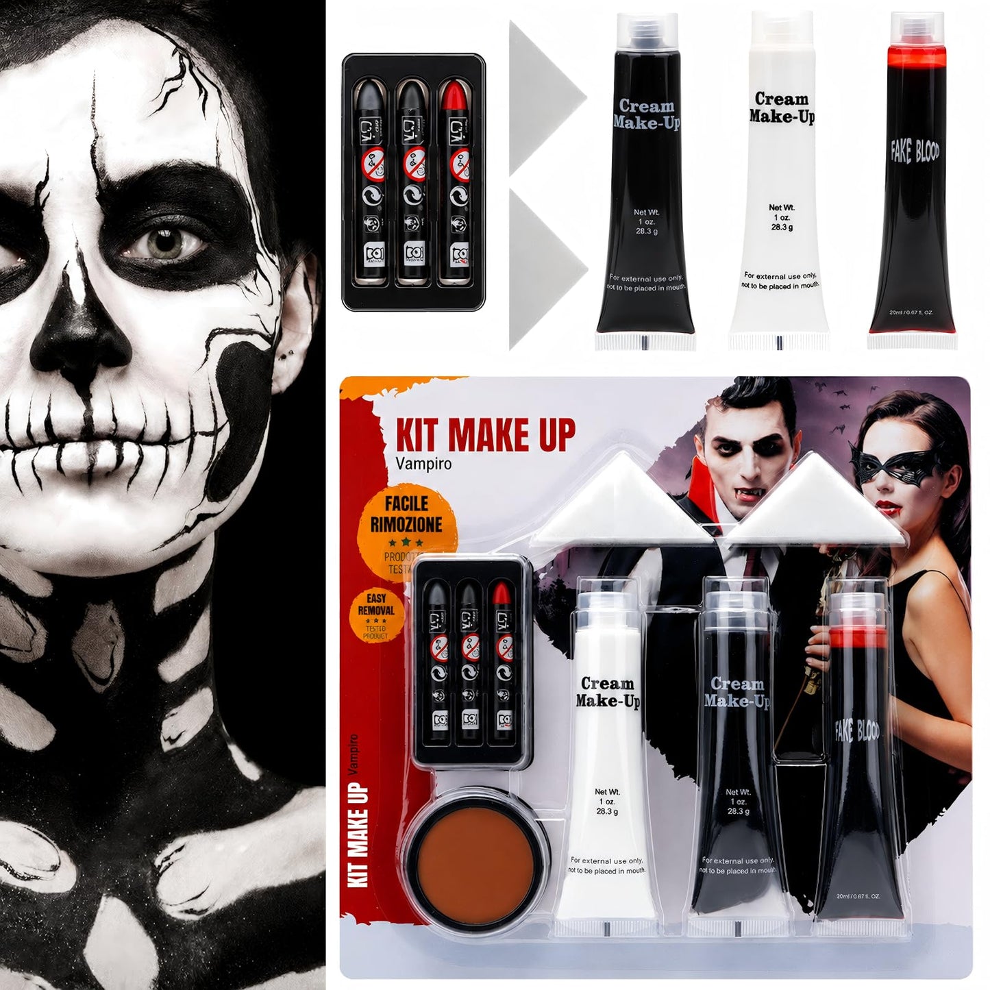 Halloween Makeup Set, Black + White Face & Body Paint, Scar Wax SFX Makeup Kit Washable Fake Blood, Halloween Face Body Paint Oil Sfx Makeup Set, for Halloween Cosplay, Fancy Dress Festivals