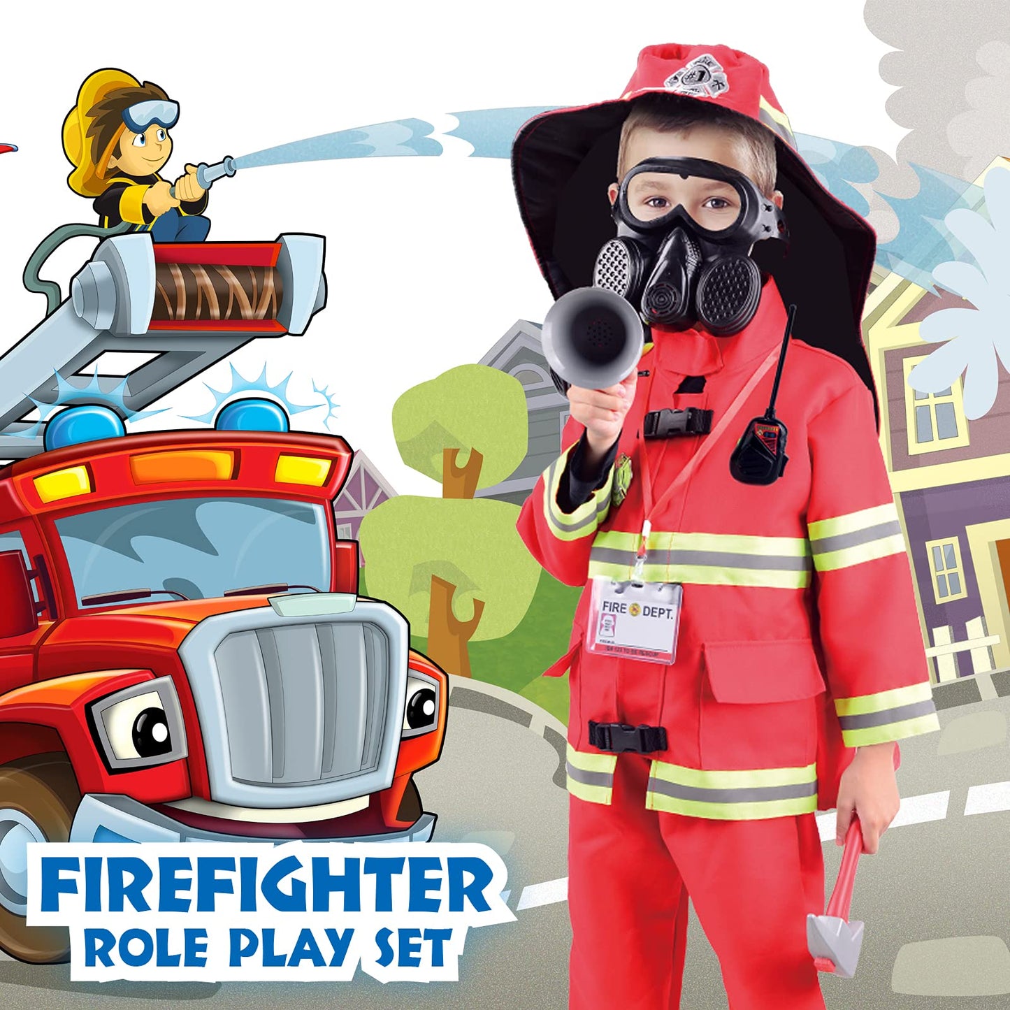 Lesheng space 13 piece Fireman Costume for Boys and Girls Fancy Dress for Kids & Toddlers Firefighter Dress-Up Toy Set Fire Chief Pretend Role Play for Kids Age 3 to 7