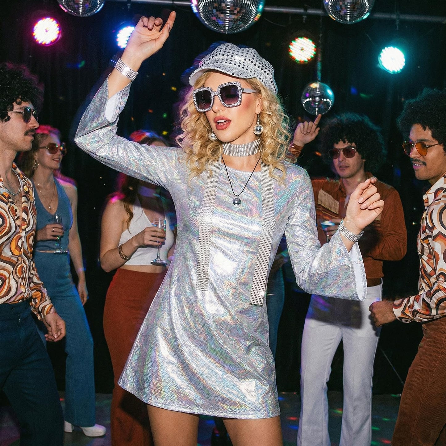 Women 70s Disco Costume Flare Sleeve Dress - Retro 70s 80s Fancy (image 6)