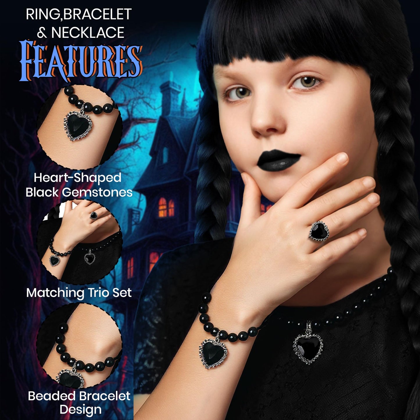 8pc Gothic School Girl Halloween Costume Kids with Gothic Dress and Belt, Kids Black Plaited Wig, Black Gloves, Knee High Socks and Fancy Dress Jewellery - Halloween Costumes for Girls (7-9 Years)
