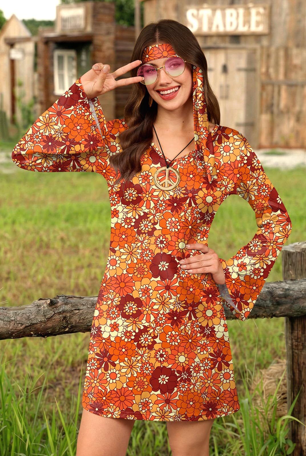 Women's Summer Flare Sleeve Hippie 60s 70s Costume Groovy Retro (image 3)