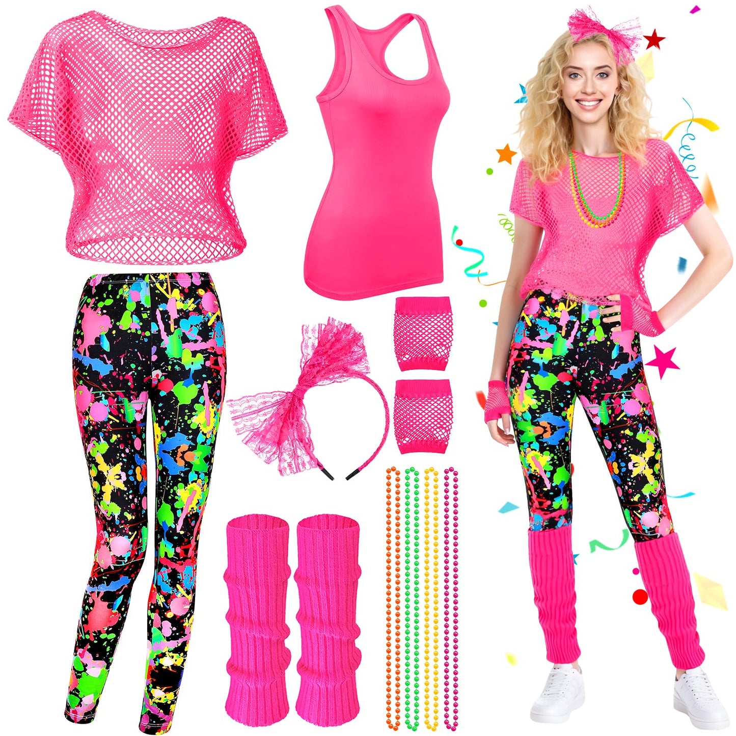 80s Fancy Dress Costume Set - 1980s Accessories Kit with Fishnet