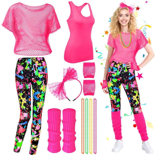 80s Fancy Dress Costume Set - 1980s Accessories Kit with Fishnet