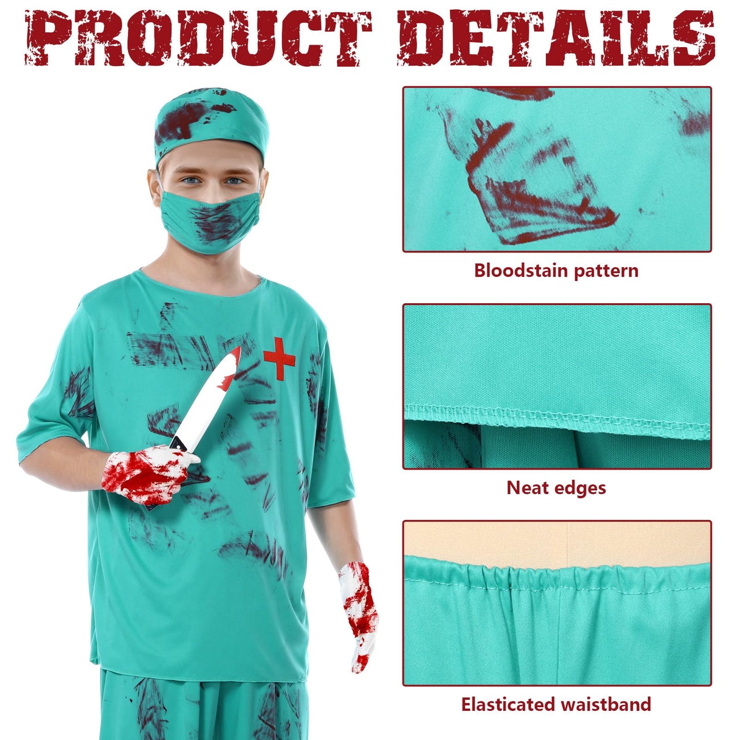 Joyesplay Bloody Surgeon Costume Fancy Dress Costume 7Pcs Set Surgeon Blue Couples Halloween Adult Scrubs Bloody Splatter Horror Halloween for Men