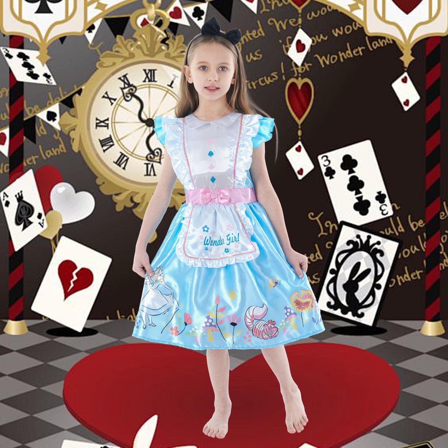 Webeasy Alice Costumes Kids, Alice in Wonderland Costume Set with Hairband for Girls World Book Day Costumes 5-6 Years