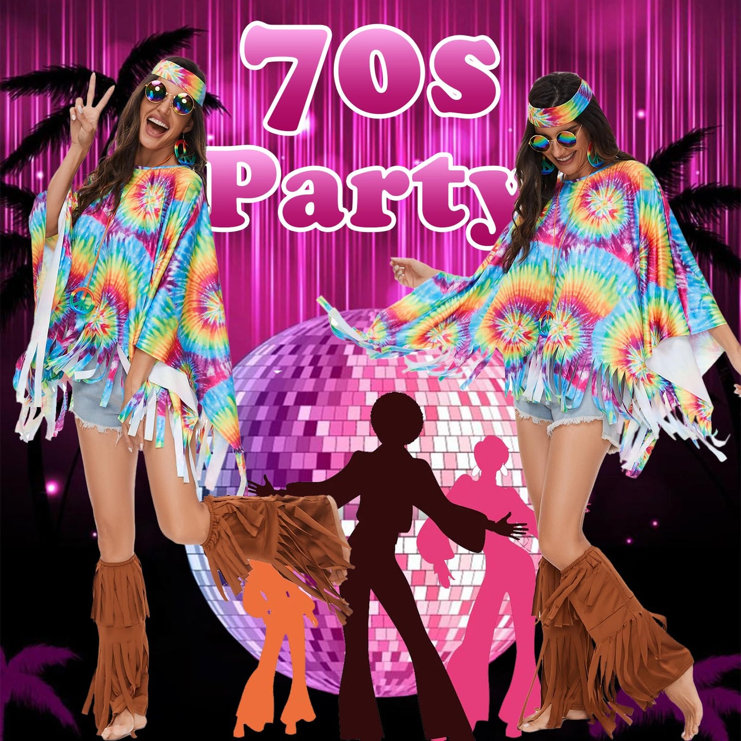 70s Fancy Dress Women Disco Hippie Costume Outfits 7 Pieces Accessories Set Fringe Leg Warmers Boho Headband Necklace Earrings Sunglasses for Party Halloween, bandhnu