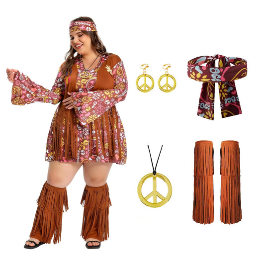 Woman wearing floral 70s hippie costume dress