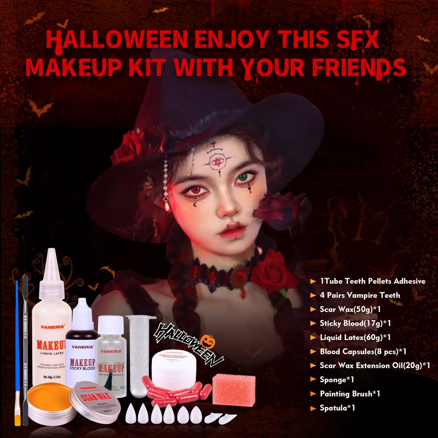 VANERIA Halloween Vampire Make Up Kit SFX Makeup Kit 4 Pairs Vampire Teeth, Scar Wax and Spatula, Fake Blood Capsules,Sponges,Liquid Latex Special Effect Makeup Kit Professional ﻿