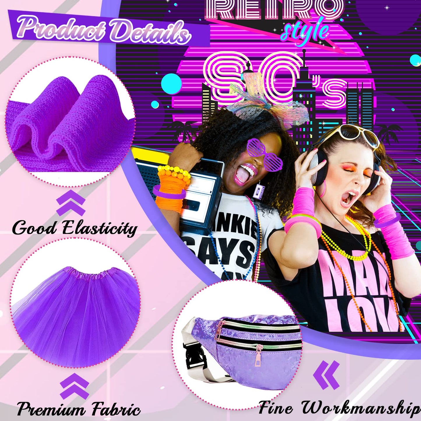 80s Costume Outfits Accessories Set for Women, 1980s Fancy Dress Party Kits with T-shirt Tutu Bumbag Headband Earring Necklace Fishnet Gloves Leg Warmers Glasses Bracelet Scrunchies for Women Dress up