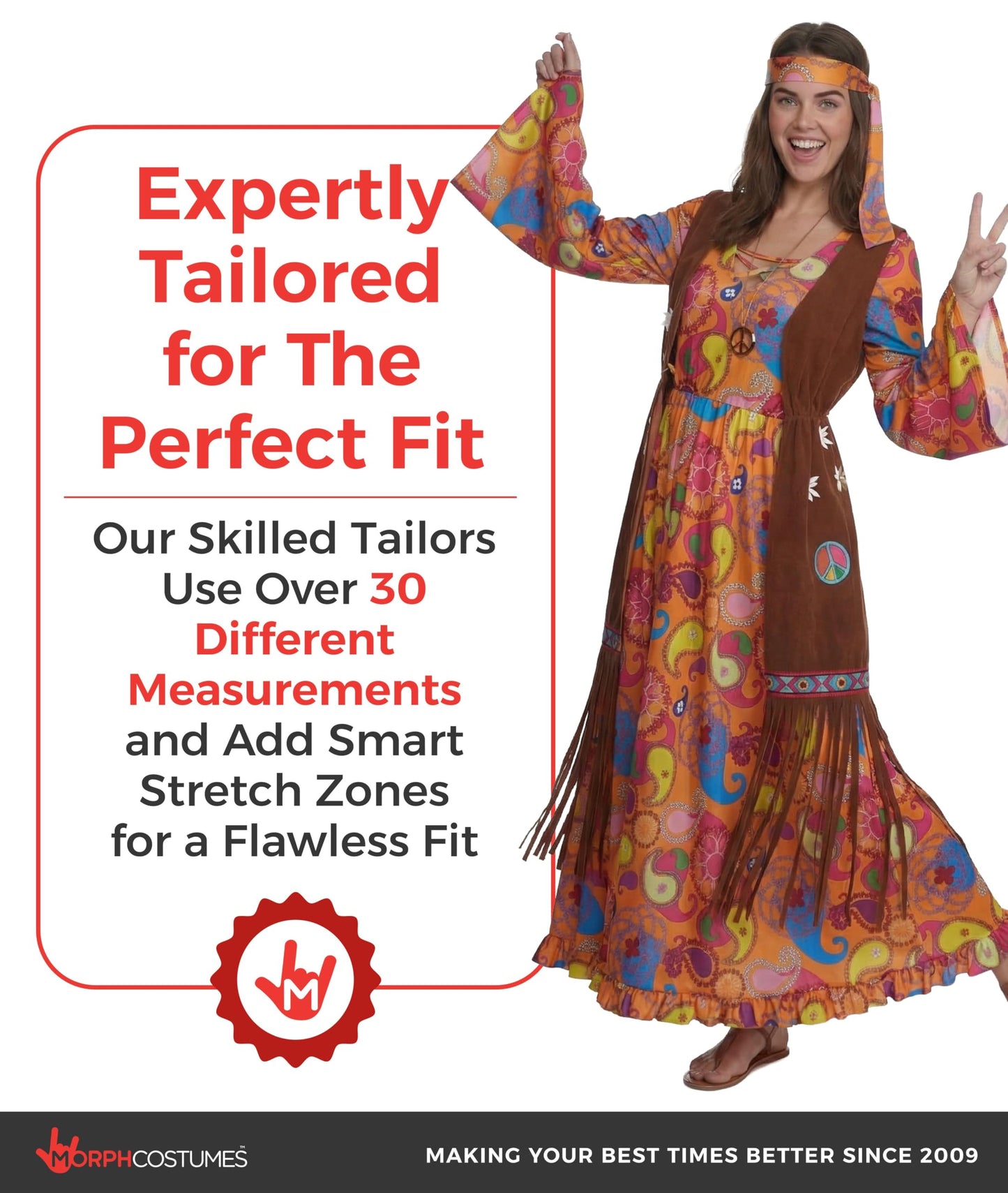 Morph Long Hippie Costume Women, 70s Fancy Dress Women, Hippy Fancy Dress for Womens, World Book Day Costumes Adults, Large