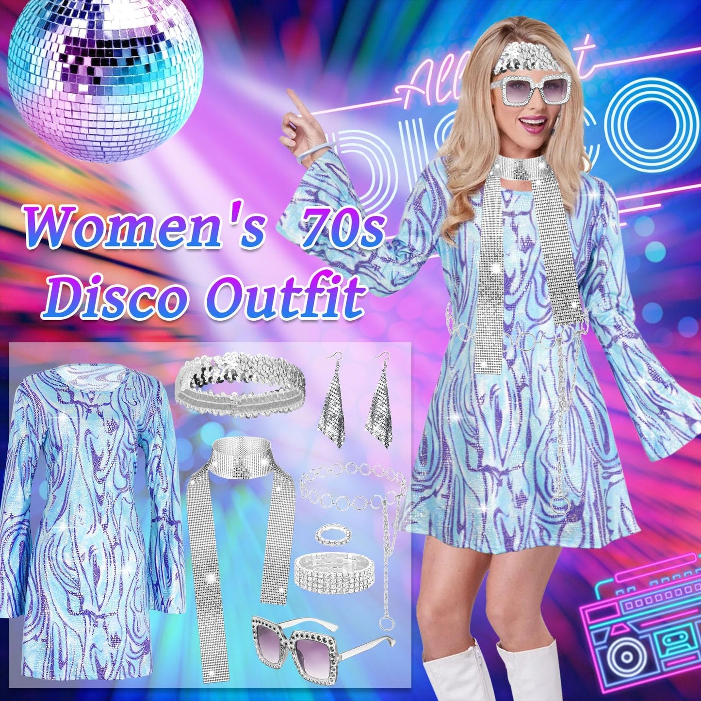 UxClishe 7 Pcs 1970s Disco Costume Set for Women, 70s Shine Disco Fancy Dress Accessories Set with Sequin Skirt Glasses Scarf Earring Headband Prom Dancing Outfit for Retro Party Supplies