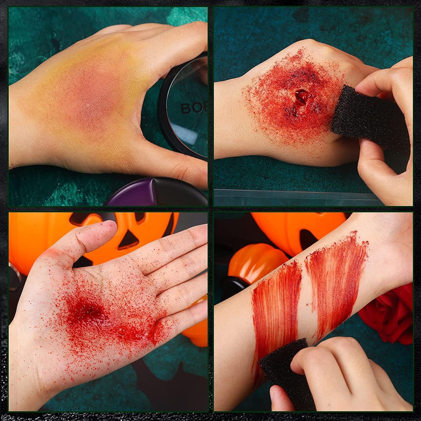 BOBISUKA Special Effects SFX Halloween Makeup Kit - 5 Colors Bruise Makeup Face Body Painting Palette + Scar Wax with Spatula Tool + Fake Blood Splatter Spray + Fake Blood Cream + Stipple Sponges