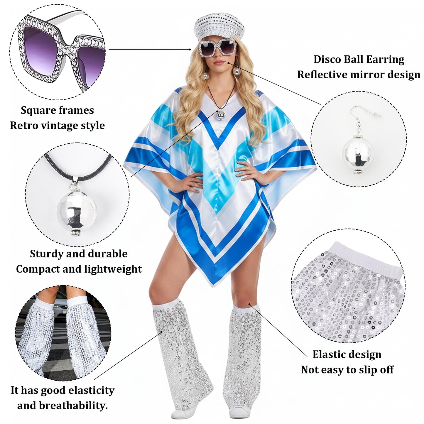 Fictoria 70s Disco Costume Women - 1970s Poncho Fancy Dress Accessories Set with Hat Sunglasses Earrings Necklace and Leg Warmers, 1970s Theme Party Birthday Dance Outfit