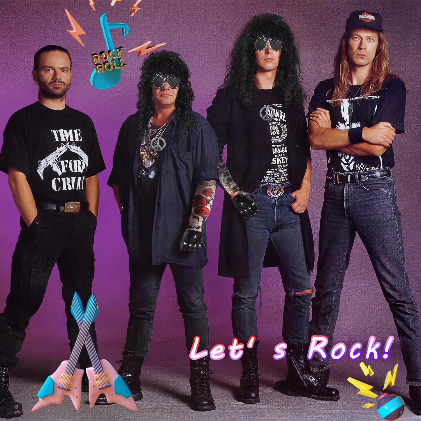 8 Pcs Rockstar Fancy Dress, Glam 80s 90s Men Costume Outfit with Heavy Metal Wigs Vintage Headband Sunglasses Gloves Tattoo Sleeves Necklaces Rock Hard Rocker Accessories World Book Day Costumes