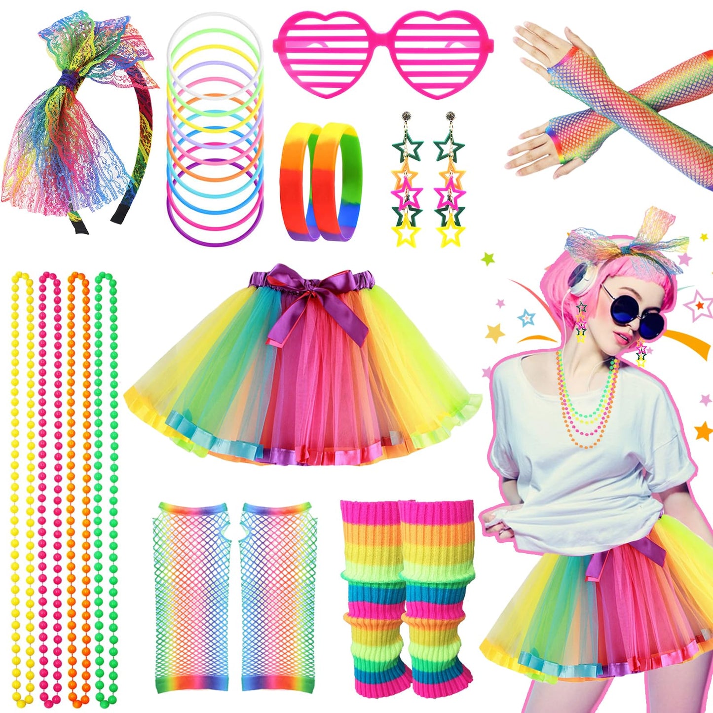 80s Fancy Dress for Women, 1980s Party Rainbow Costume Accessories Set Tutu Skirt Leg Warmers Fishnet Gloves Glasses Earrings Bracelet Necklace Headband, Retro Outfit for 80s Party, Dress up Day