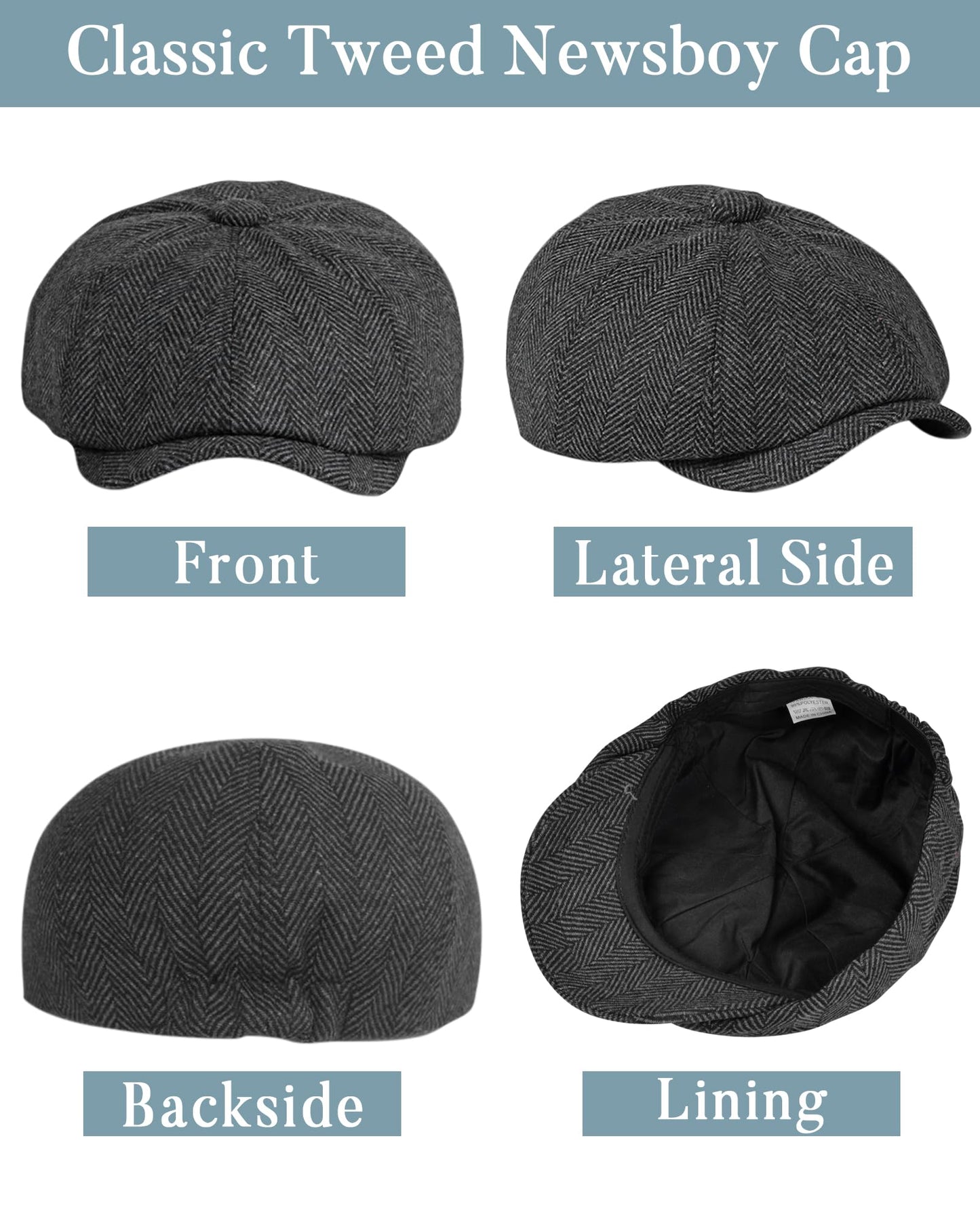 Mens Herringbone 8 Panel Caps - Classic Newsboy Tweed Flat Cap