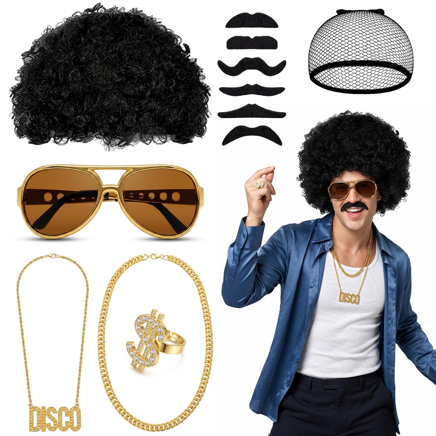 Disco Hippie Costume Set for Men Women - Funky Afro Wig - Hippie