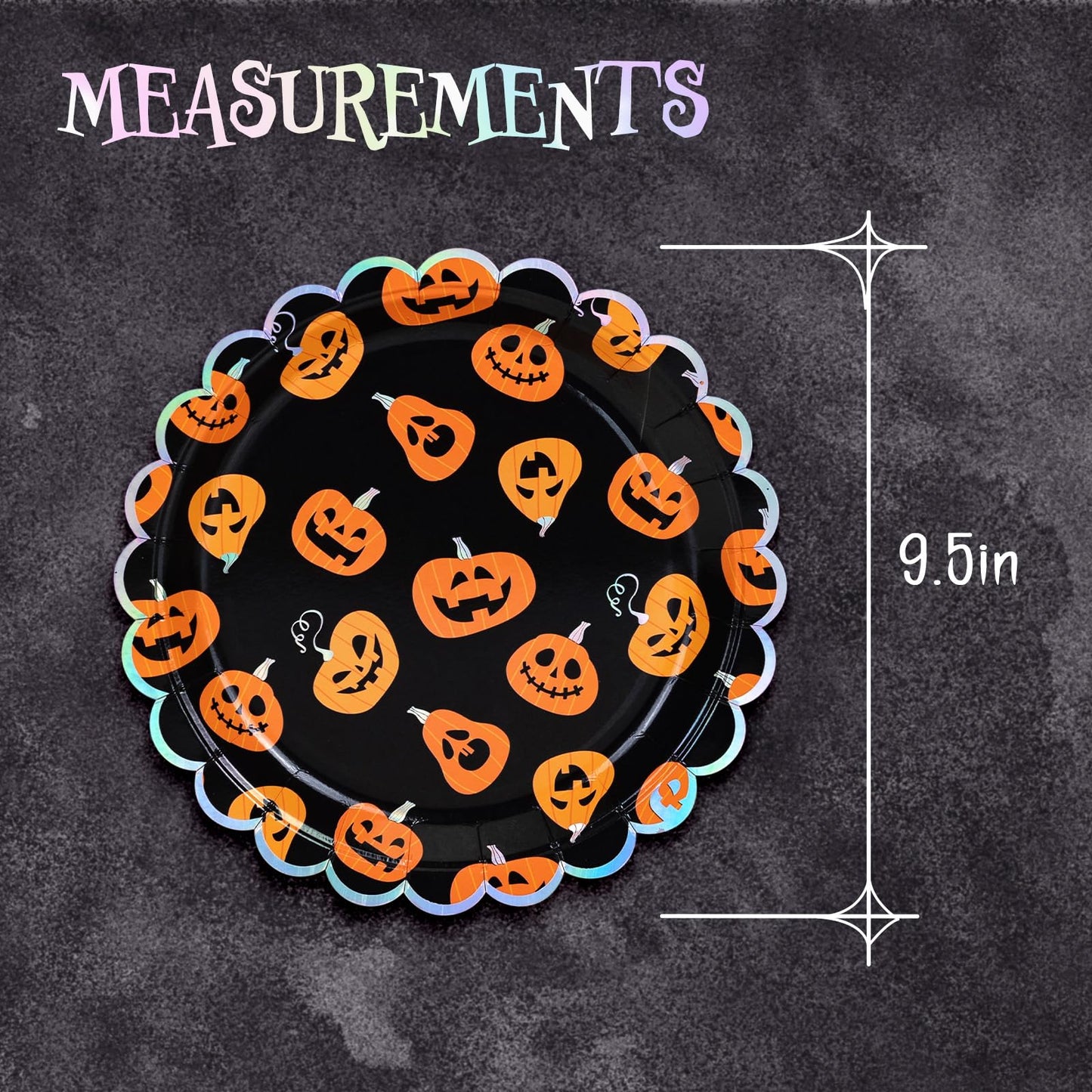 Halloween Paper Plates, 50-Count Disposable Halloween Dinner Plates, Scalloped, Party Supplies, Jack O' Lantern, Iridescent Silver Foil