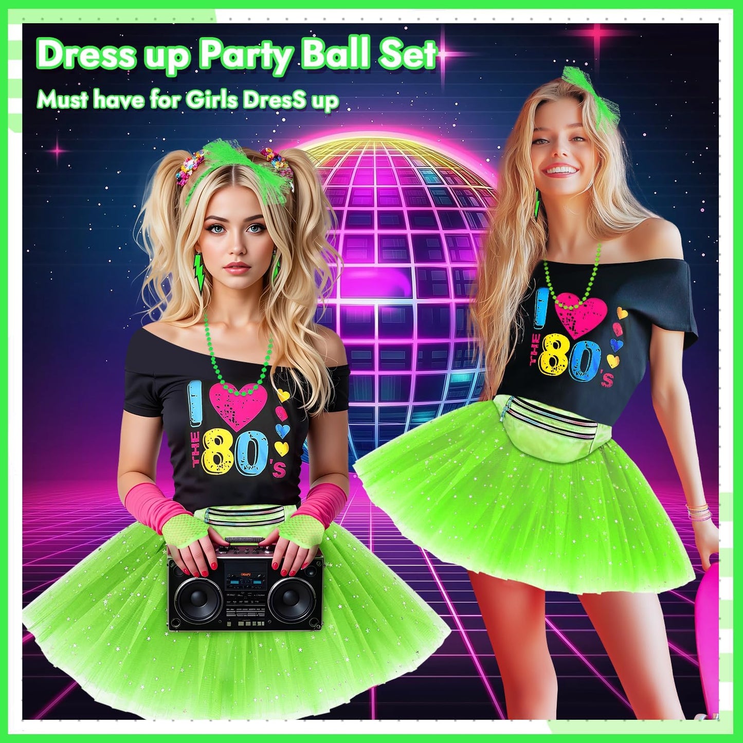 Glirop Ladies 80s Fancy Dress Costume, 1980s Costume Outfits Accessories Set with T-Shirt Tutu Skirt Bag Gloves Headband Earrings Necklace Bracelets for Women Girls Retro Theme Hen Party