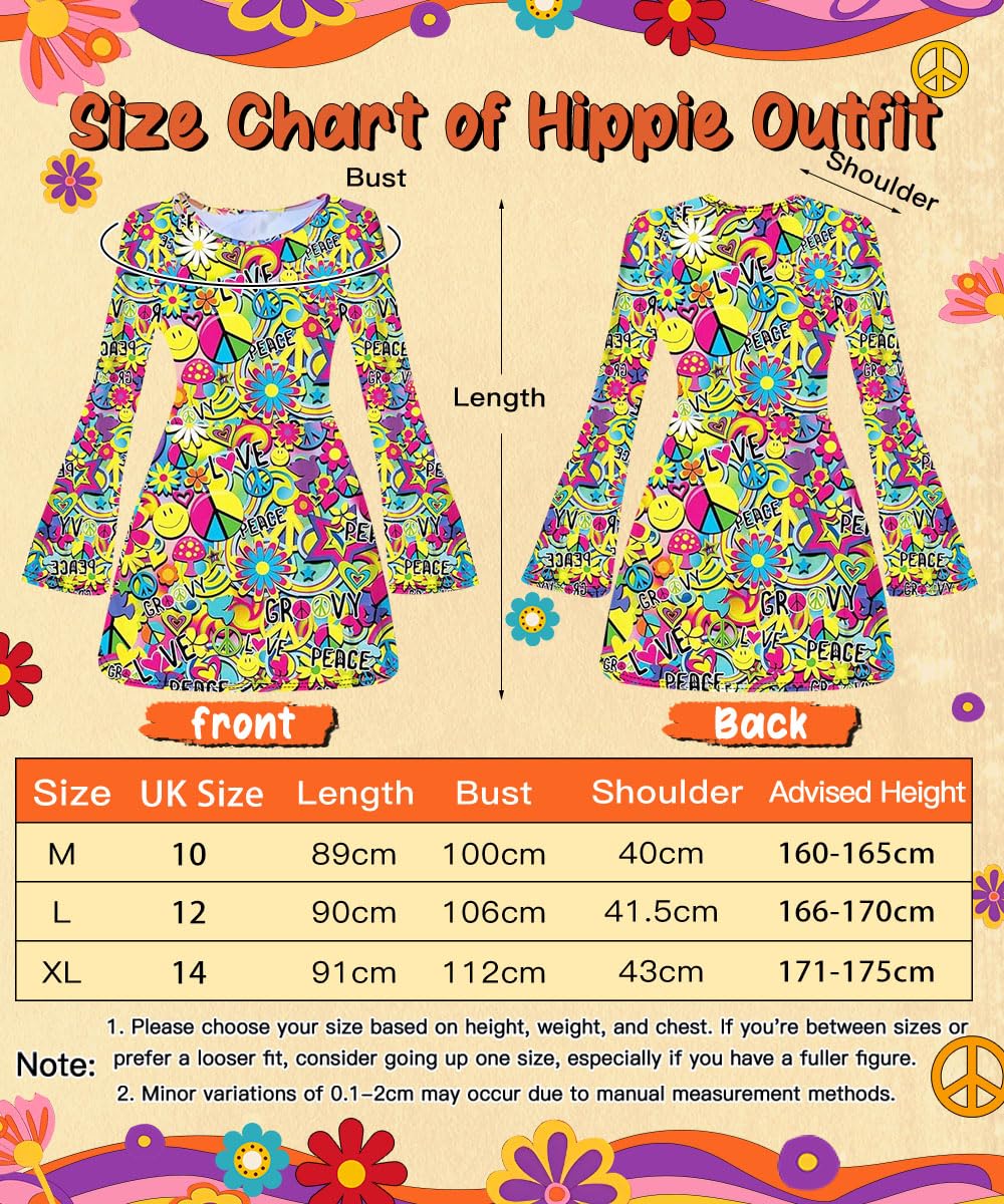 70s Fancy Dress Women - Hippie Costume Dress with Boho Headband Bag (image 5)