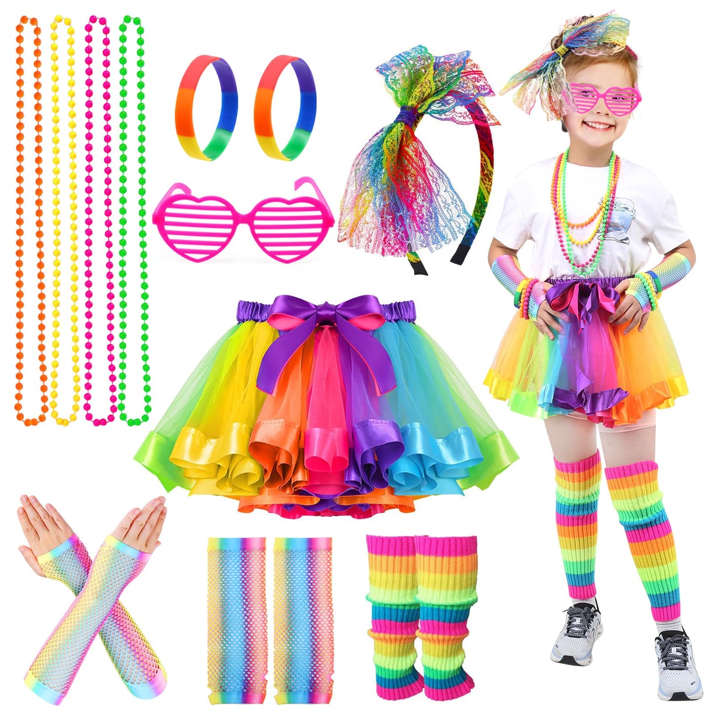 Ballery 80s Fancy Dress for Kids Girls, 1980s Retro Costume Outfits Accessories Set Includes Tutu Skirt Necklace Leg Warmers Gloves Earrings Lace Headband Glasses Bracelets Hair Ties