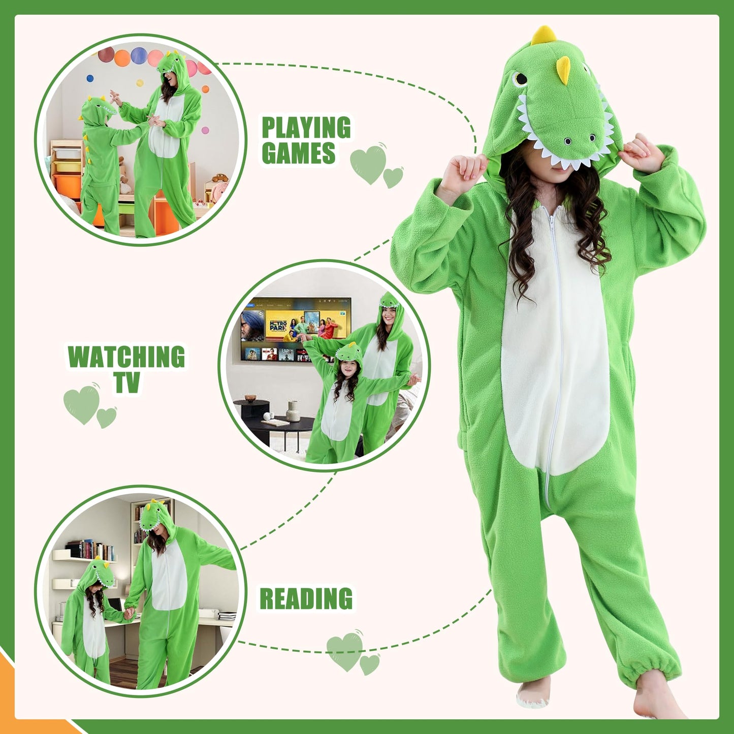 COOKY.D Unisex Animal Parent-Child Hooded Cosplay Pyjamas All in One Jumpsuit Halloween Gaming Costume Girls Boys Sleepsuit Family Outfits,Dinosaur 3-4T