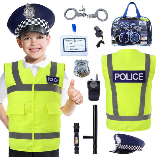 Police officer kids costume set 10-piece with vest and hat