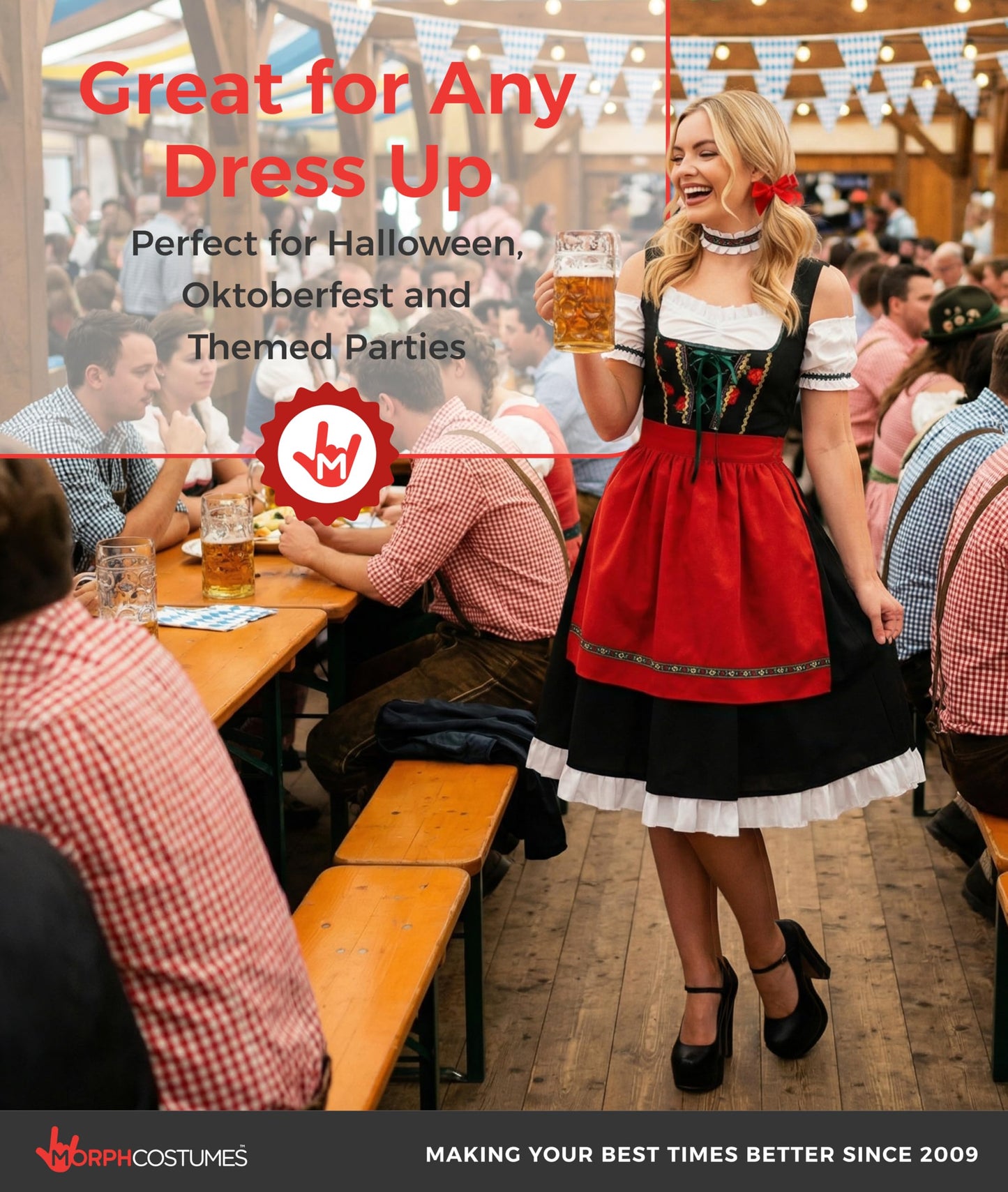 Morph Oktoberfest Costume Women - Bavarian Dirndl Dress with Apron for October Festival Fancy Dress Party, Small