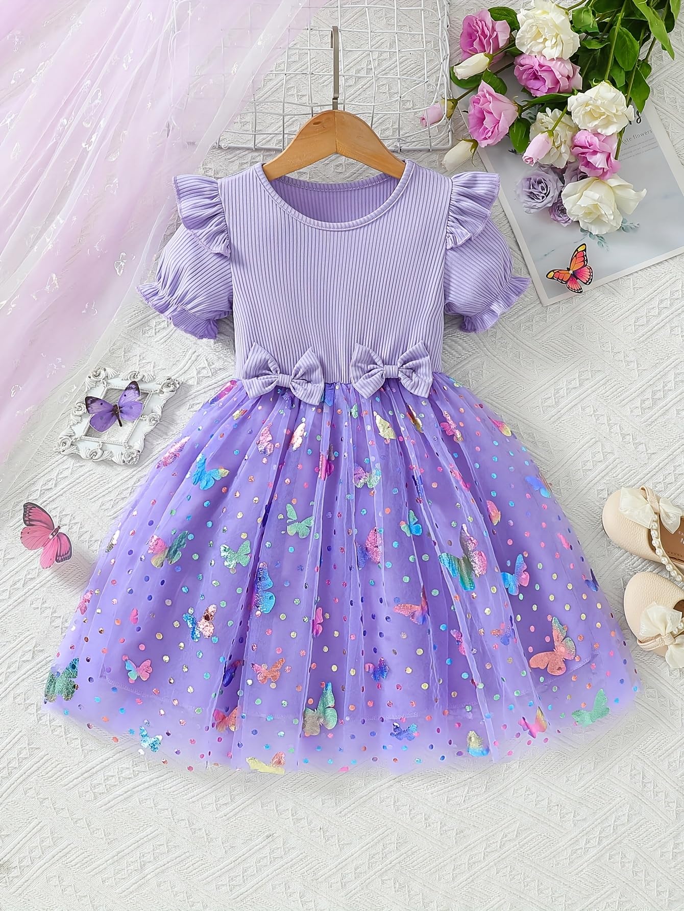 Girls Purple Flower Girl Dress Tulle Tutu Princess Dress Butterfly Dress with Ruffle Sleeves and Bowknot, Birthday Dress for Girls Aged 3 Years, Ideal for Spring Outings and Family Gatherings