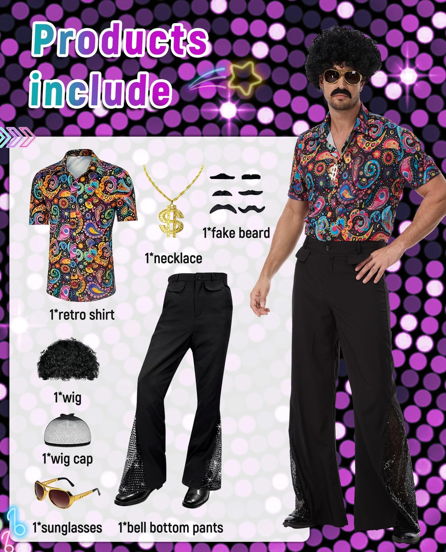 PQCXXA Men's 70s Disco Costume Set - Gold Sequin Shirt & Black Flared Trousers with Dollar Necklace, Sunglasses, Afro Wig & Moustache - Retro 1970s Fancy Dress Outfit for Men (Flower, XL)