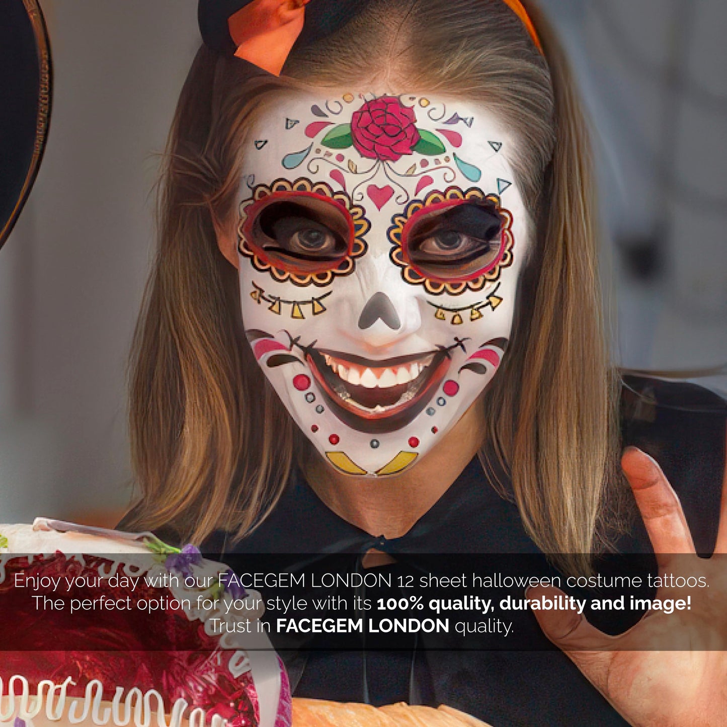 12 PCS Day of the Dead Costume Tattoos for Halloween - Temporary Sugar Skull Face Stickers for Makeup, Masquerade, Parties. Face & Body Tattoos for Events